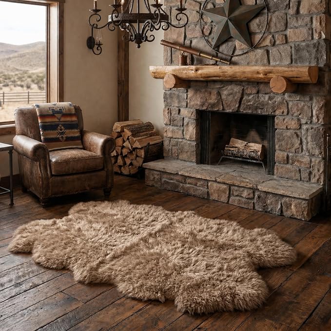 Quad Sheepskin Area Rug 4x6 Ft – 100% Genuine Lambskin – Soft & Fluffy Light Beige Rug for Living Room or Bedroom – Made in Argentina