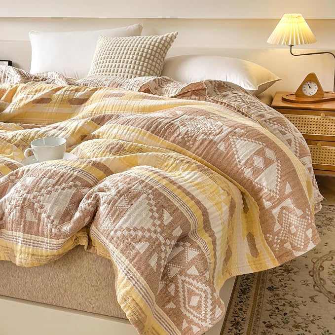 MEJU Yellow Boho Indian Retro Southwest Muslin All Season Blanket for Bed Sofa Couch 100% Combed Cotton 3 Layer Soft Cozy Reversible Quilt Throw Blanket Bed Coverlet F/Q 80 in x 90 in