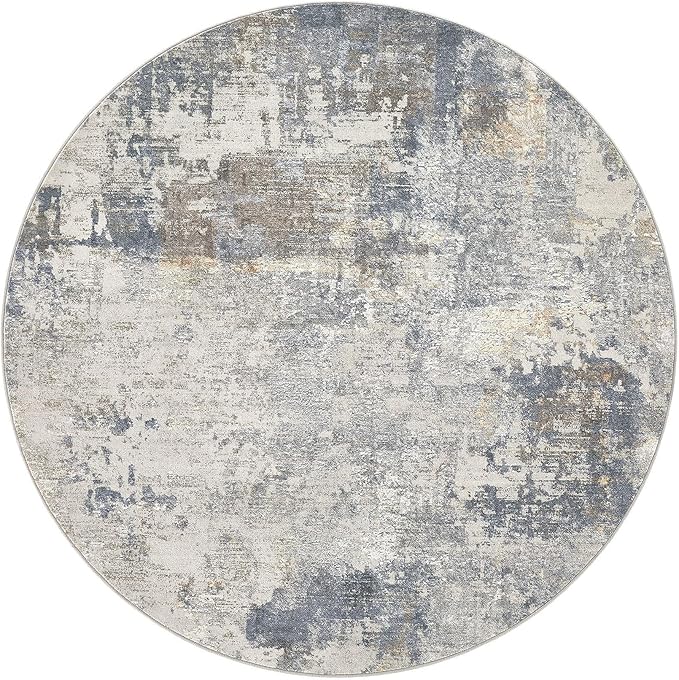 UERMEI 8ft Round Area Rug Living Room Rugs - 8x8 Washable Neutral Modern Abstract Soft Thin Rug Indoor Floor No Slip Rug Carpet for Bedroom Under Dining Table Home Office Decor - Blue Grey