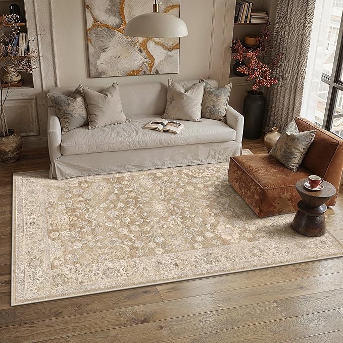 4x6 Taupe Washable Area Rug for Living Room Bedroom Neutral Soft Floral Non Slip Thin Throw Rug Lightweight Vintage Low Pile Distressed Doormat Entrance Laundry Room Office Bathroom Nursery