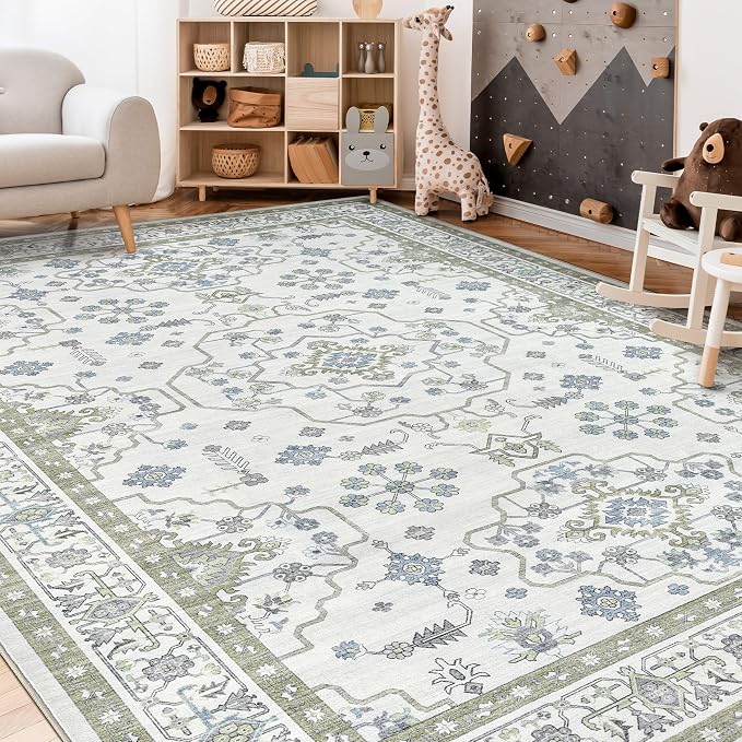 Area Rug 10x14 for Living Room - Washable Oriental Vintage Floral Distressed Large Indoor Carpets with Non Slip Back for Bedroom Dining Room Nursery Office Home Decor -Light Green