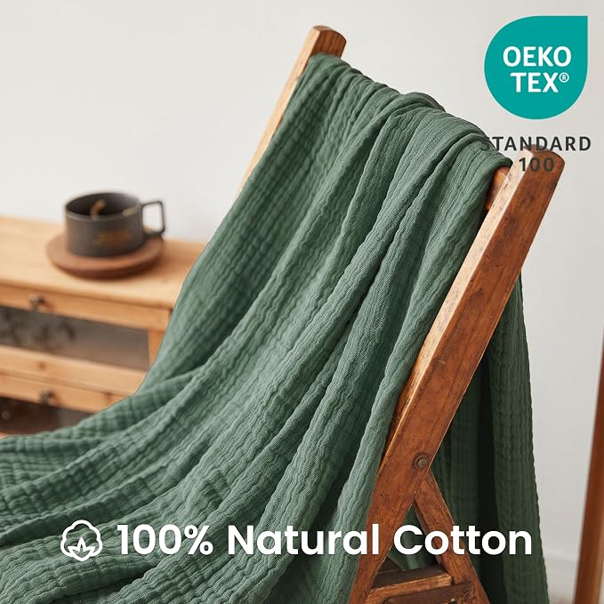 FALUCA Cotton Muslin Throw Blanket 50x60 Inches for Bed, Couch, Knit Woven Gauze Blanket, Soft Lightweight Cozy Breathable Farmhouse Decoration for All-Season, Olive Green