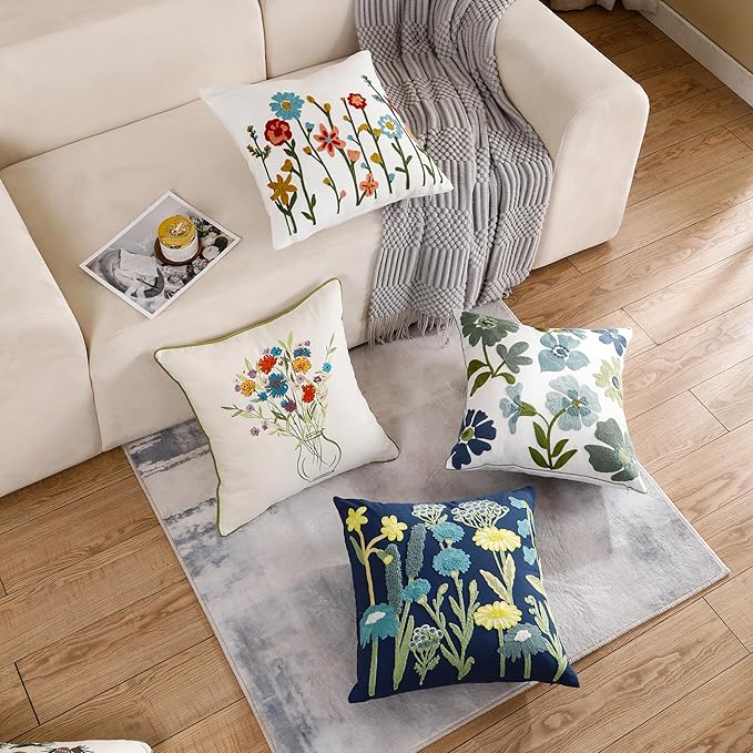 Embroidered Throw Pillow Covers 18x18 inch Pack of 2 Blue Blossoms Spring Summer Decorative Pillowcases Farmhouse Coastal Pillow Cushion Cases Home Decor for Sofa Bed Living Room