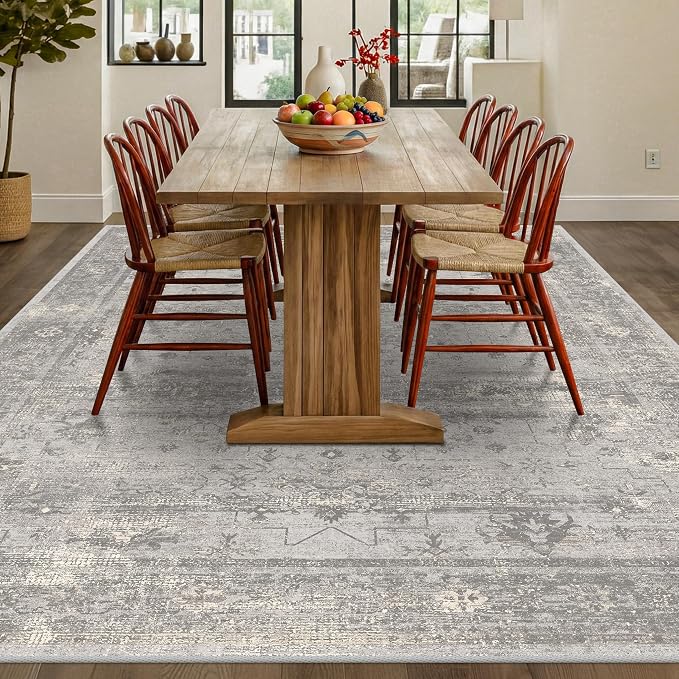 10x14 Washable Area Rug for Living Room - Massive Gray Abstract Modern Rug, Non-Slip Low Pile Grey Vintage Distressed Carpet for Great Rooms & Large Sectionals