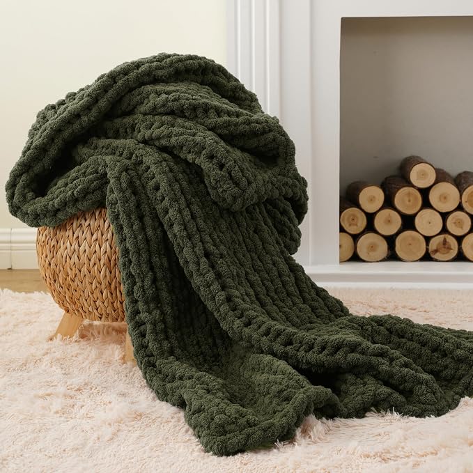 Battilo Olive Green Chunky Knit Throw Blanket, Soft and Thick Green Chenille Throw Blanket, 50"x60" Handmade Cable Knit Crochet Blanket, Rope Knot Knitted Throw Blankets for Couch Sofa Home Decor