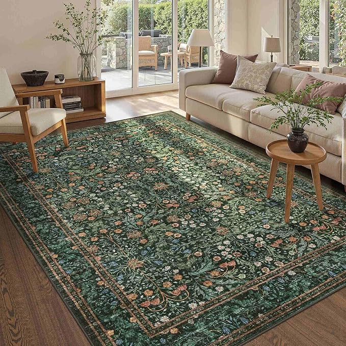 Rugxara 5x7 Area Rugs for Living Room Bedroom, Large Washable Rug, Green Vintage Floral Boho Rug, Non Slip & Low Pile Faux Wool Thin Carpet for Indoor Dining Room and Kids Room(Green 5x7ft)
