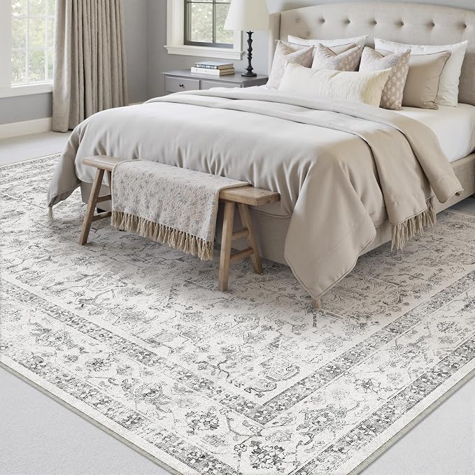 PureCozy Grey 8x10 Area Rug Vintage Washable Living Room Carpet Non Slip Bedroom Indoor Office Low Pile Large Traditional Distressed Retro Accent Rug for Dining Room Bathroom Kitchen