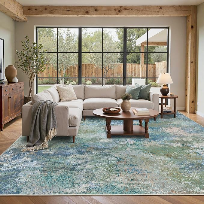 BEIMO Area Rugs 7'6"x9'6" for Living Room Bedroom, Modern Abstract Machine Washable Rug, Large Soft Low Pile Floor Carpet with Non Slip Backing for Dining Room, Blue Green