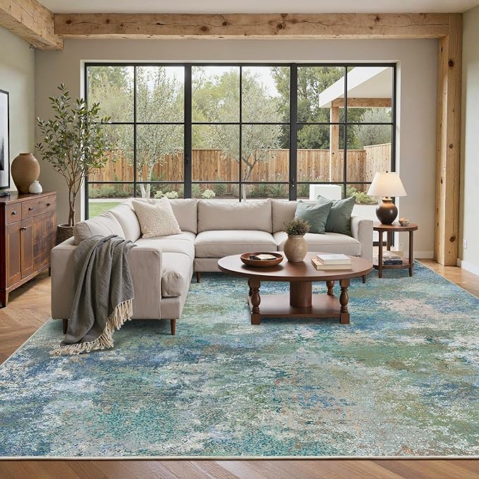 BEIMO Area Rugs 8x10 for Living Room Bedroom, Modern Abstract Machine Washable Rug, Large Soft Low Pile Floor Carpet with Non Slip Backing for Dining Room, Blue Green