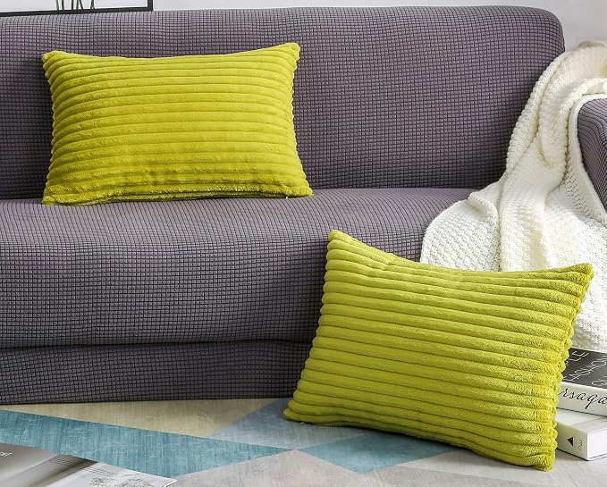 TangDepot Velvet Big Corduroy Pillow Covers 12x20 Green 2-Pack | Soft wide-stripe corduroy pillow cover, hidden zipper, machine washable, easy refresh, for bedroom living room indoor outdoor