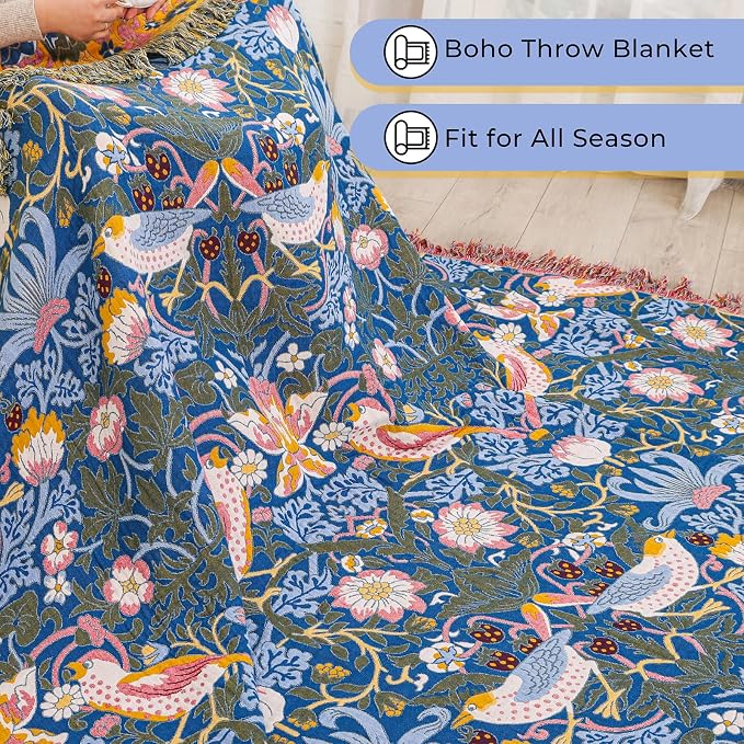 Boho Cotton Muslin Twin Size Bed Throws,100% Cotton Rustic 4 Layer Reversible Bid and Floral Woven Washable Breathable Decor Blanket 60"×80" for Couch Sofa All Seasons,Blue &Yellow
