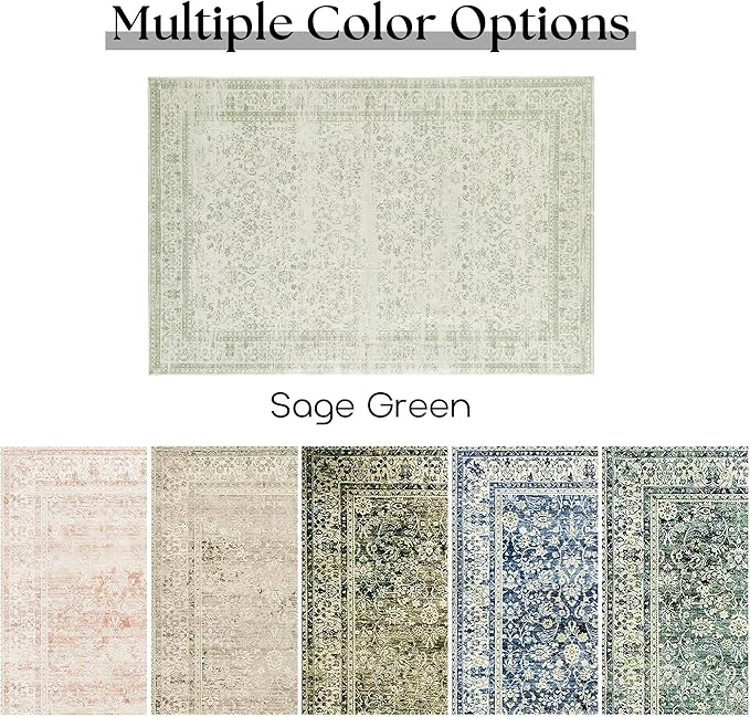 Sage Green Rug 5x7 Baby Girl Nursery Decor Neutral Boho Floral Pattern Distressed Design Washable Soft Cottagecore Area Rugs for Living Room Bedroom Light Green Low Pile No Slip Carpet 5 x 7