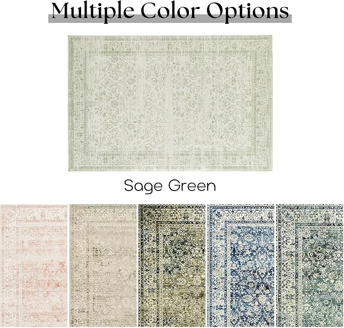 BILEEHOME Sage Green Rug for Bedroom,Boho Floral Print Washable Cottage Core 8x10 Area Rugs for Living Room,Light Green