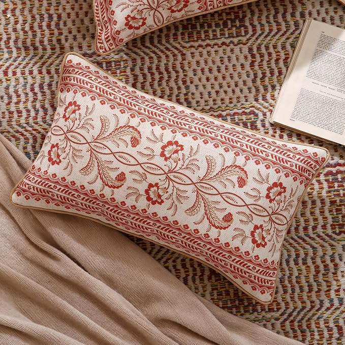 ISAENNE Designer Linen Throw Pillow Cover,Set of 2,20"x12"-Chamonix A | Vintage Elegant Rectangle Pillow Cover,Concealed Zipper Design,Floral Pattern,Sofas,Bedroom,Living Room,Lounge Chairs