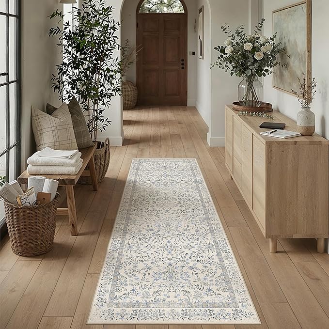 PureCozy 2x6 Blue Area Rug for Kitchen Washable Vintage Floral Carpet Low Pile Non Slip Botanical Aesthetic Soft Accent Throw Rug Entrance Bathroom Bedroom Nursery Office Indoor