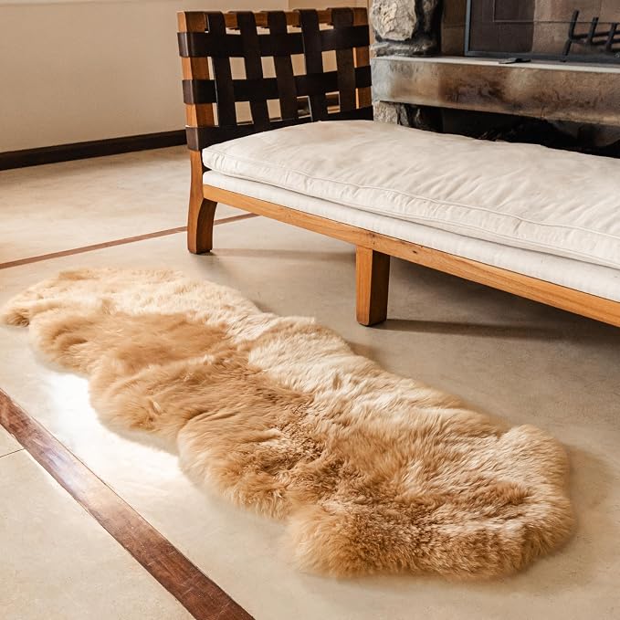 Duo Sheepskin Area Rug 2x6 Ft – 100% Genuine Lambskin – Premium Soft & Fluffy Light Beige Runner for Bedroom or Living Room – Made in Argentina