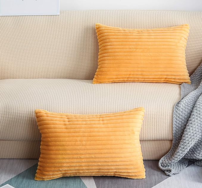 TangDepot Velvet Big Corduroy Pillow Covers 12x20 Cream Orange 2-Pack | Soft wide-stripe corduroy pillow cover, hidden zipper, machine washable, easy refresh, for bedroom living room indoor outdoor