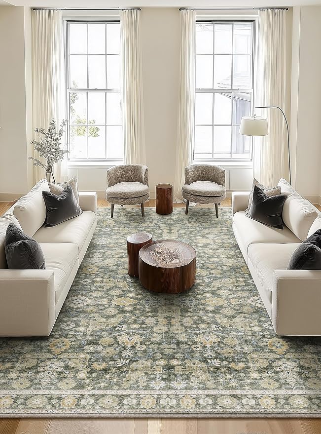 Washable Rugs for Living Room: 10x14 Area Rugs for Bedroom Ultra Soft Non-Slip Stain Resistant Vintage Boho Large Carpet for High-Traffic Dining Room - Farmhouse Decor
