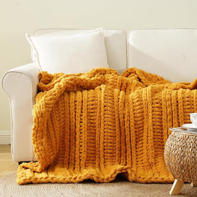 Battilo Chunky Knit Throw Blanket for Couch, Bed, 50"x60"，Mustard Yellow | Hand Knit, BohoThrow Blanket, Fall Decorative Throw, Cozy Warm Thick Soft Chenille Throw Blanket for Living Room