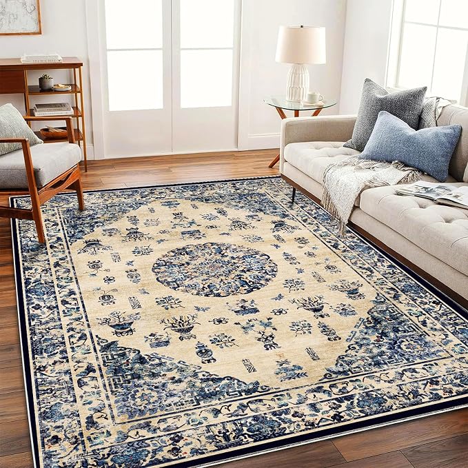 CHAMPLANT Area Rug 6'x9' Washable Vintage Traditional Floor Cover Thin Retro Kitchen Indoor Distressed Non Slip Carpet for Living Room Bedroom Dining Room