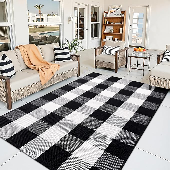 OLANLY Buffalo Plaid Rug 4' x 6' – Black and White Cotton Checkered Doormat, Washable Indoor Outdoor Rug for Layered Front Porch, Kitchen, Entryway Decor