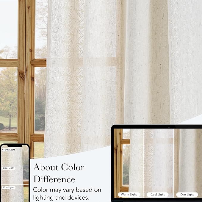 NICETOWN 102 Inches Long Curtains, Ivory White Boho Embroidered Cream Linen Textured Extra Long Drapes for High Ceiling, Geometric Pattern Window Treatment for Living Room/Loft, W52” x L102“