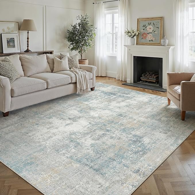 12x15 Area Rug Blue Cream Abstract Non Slip Soft Low Pile Washable Rug for Living Room Bedroom Dining Room Office Neutral Modern Indoor Extra Large Throw Carpet for Home Decor