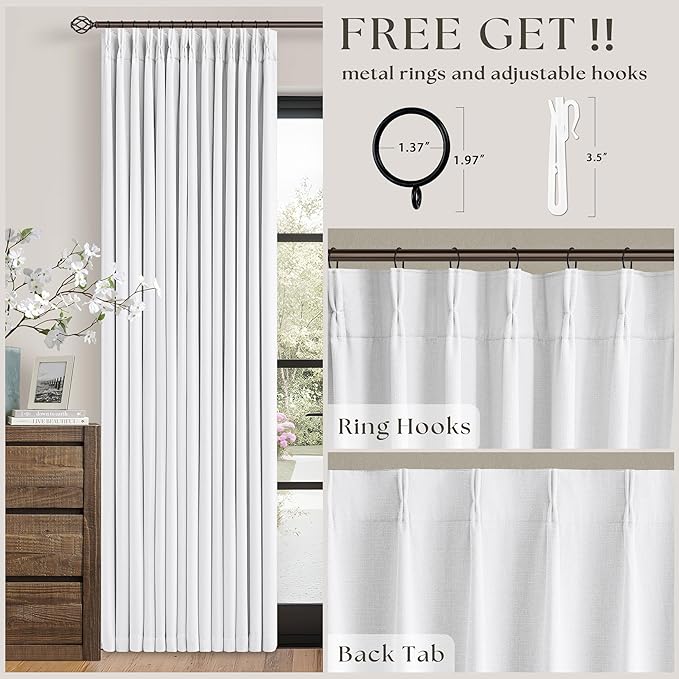 Soft White 100 Inch Floor Length Linen Blackout Curtains for Bedroom Pinch Pleated Black Out Thermal Insulated Window Drapes Light Blocking Double Layer Soundproof 100 Inch White Curtain 2 Panels