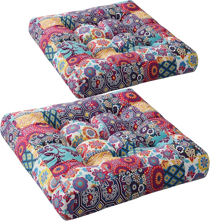 Codi Floor Cushions Seating for Adults and Teens Set of 2, Square Large Boho Pillows for Yoga Living Room Tatami Sitting Home Decor, Memory Foam Added, 22x22 Inch Multi Patchwork