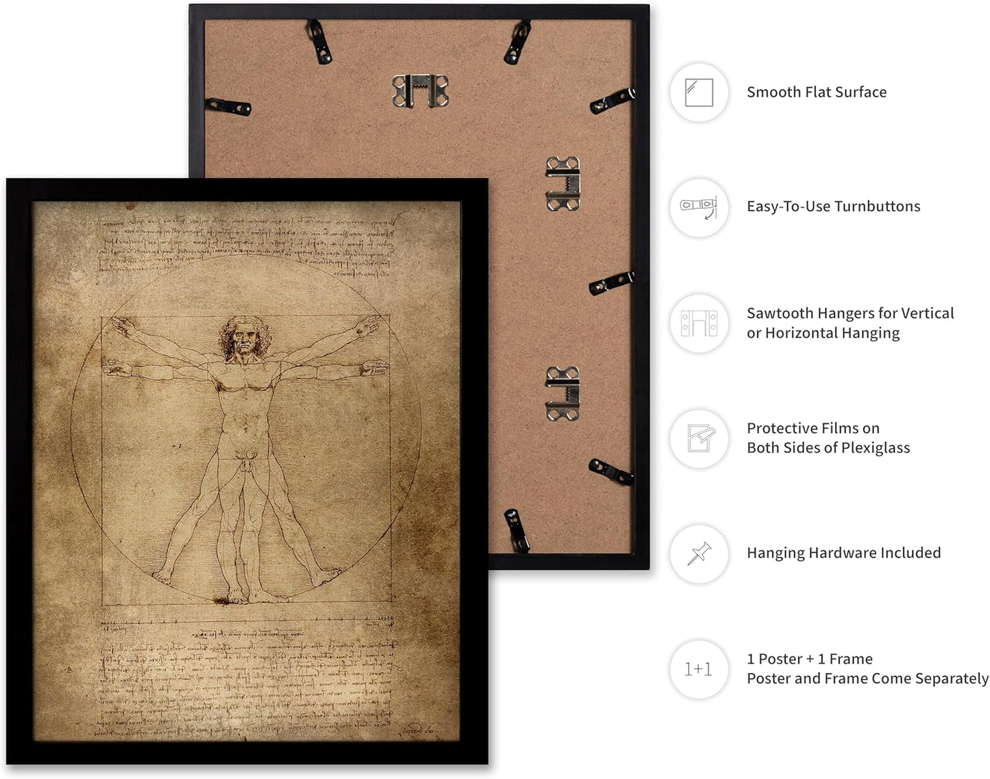 Poster Master Classic Leonardo Da Vinci Poster - Vintage Renaissance Print - Gift for Artist, Friend - Vitruvian Man, Proportion, Symmetry, Human Body - Wall Decor for Office, 8x10 Black Framed