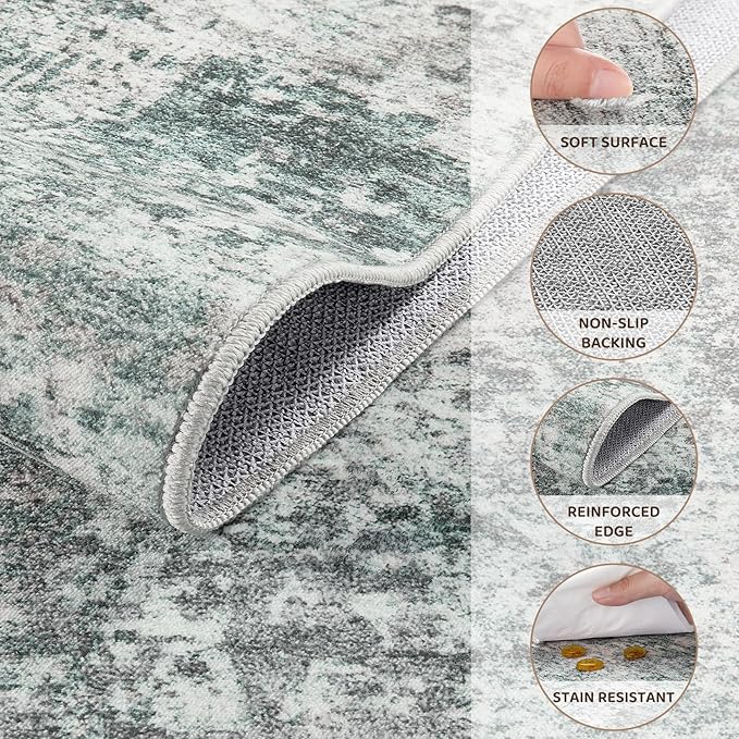 UERMEI 10x14 Area Rug Living Room Rugs - Washable Neutral Modern Abstract Soft Thin Large Rug Indoor Floor No Slip Rug Carpet for Bedroom Under Dining Table Home Office Decor - Green/Grey