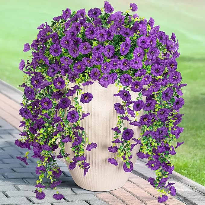Artificial Hanging Petunias Flowers for Outdoor, 2pcs Fake Plants Long Vine Morning Glory Eucalyptus, UV Resistant Realistic Faux Greenery Outside Patio Porch Garden Spring Summer Decor, Dark Purple