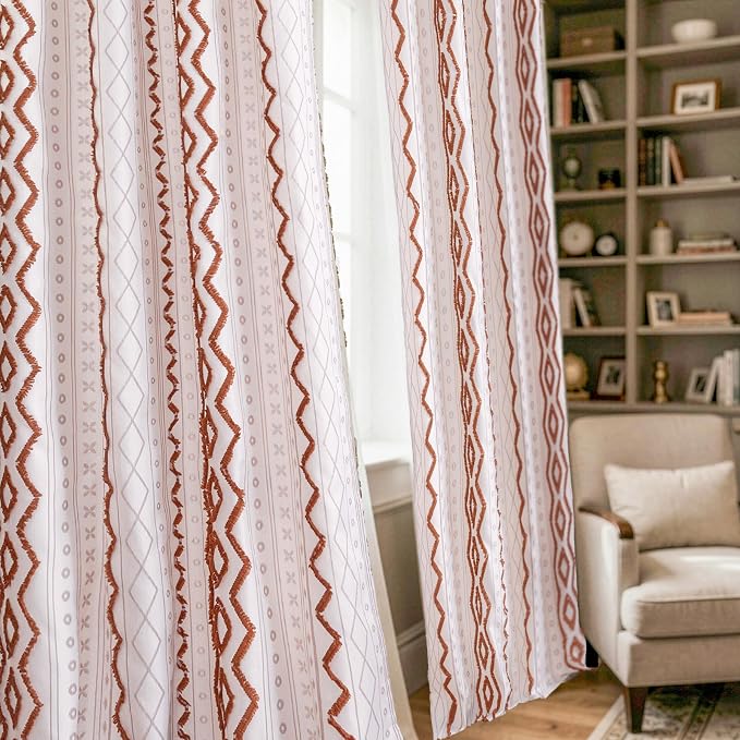 BGment Terracotta Jacquard Curtains for Living Room, Boho Tufted Pom Stripe Geometric Drapes with Grommet for Bedroom Fall Decor, 52 X 84 Inch, 2 Panels