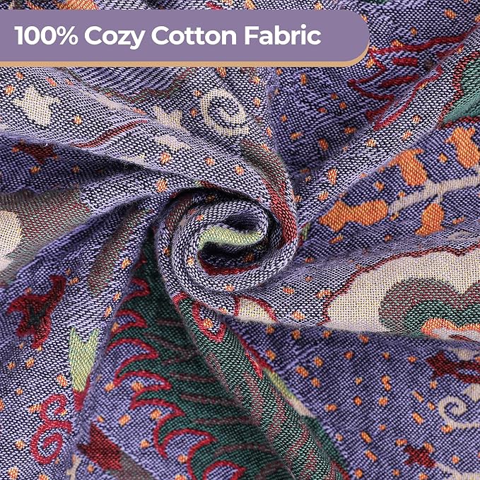 Summer Boho Throw Blanket 90" x 98" 100% Cotton Ultra Soft Breathable Muslin Blanket for Adult 4-Layer Gauze Woven Floral Farmhouse Decor Rustic Quilt for Couch Sofa Gift for Man Woman Purple Flowers