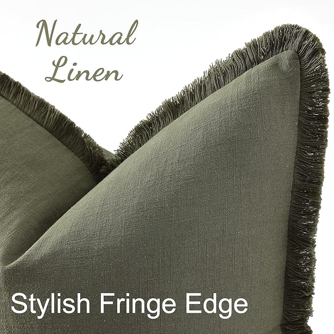 decorUhome Summer Decorative Neutral Linen Fringe Euro Sham Throw Pillow Covers Set of 2 Olive Green Pillow Covers with Tassels Soft Farmhouse Boho Accent Pillow Cases for Couch Bed Sofa 22x22 Inch