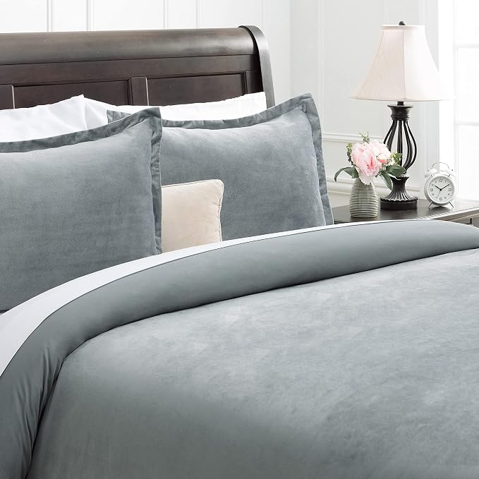 Chanasya Premium Velour Velvet Duvet Cover Set - Duvet Cover (68” x 90”) & 1 Pillow Sham (20” x 26”) - 2-Piece Set - Gray Blue, Twin Size