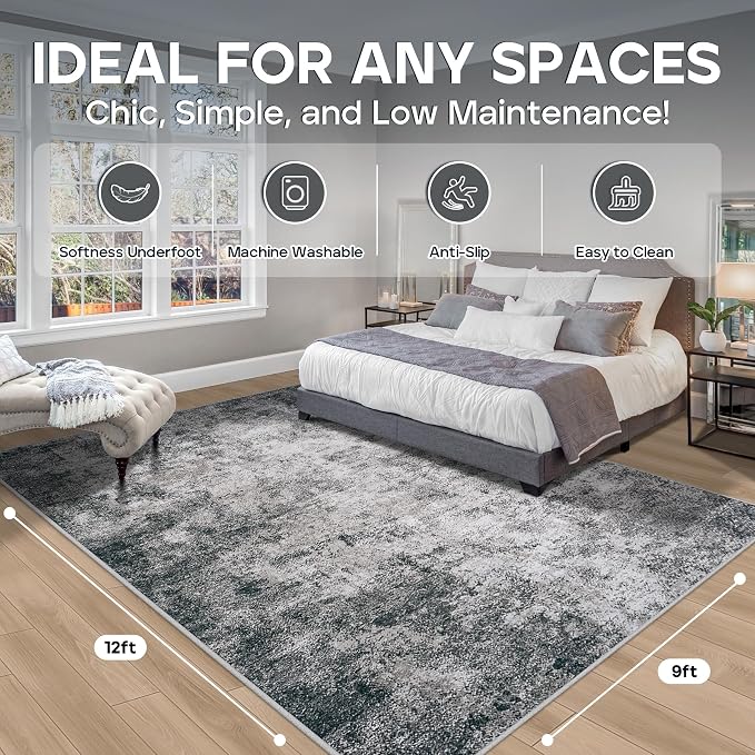 9x12 Area Rugs for Living Room Rug Washable: Modern Large Rug for Dining Room Bedroom Carpet Non Slip 9 by 12 Indoor Abstract Nursery Home Office Black