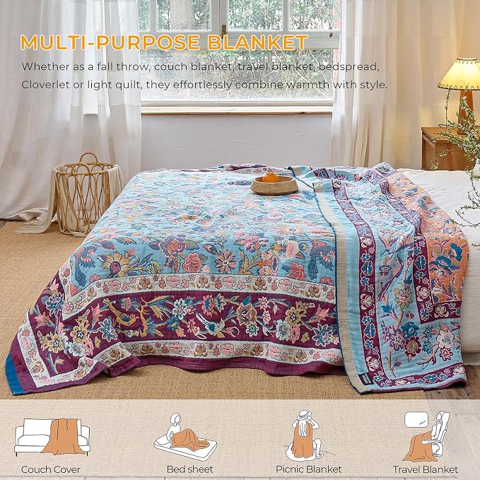 Boho Throw Blanket for Home Decor,Ultra Soft Spring Rustic Classic Quilt,100% Cotton Muslin Blankets for Adults, Reversible Woven Decorative Blanket for Bed Layering Use, Purple Bird& Floral, 60"x80"