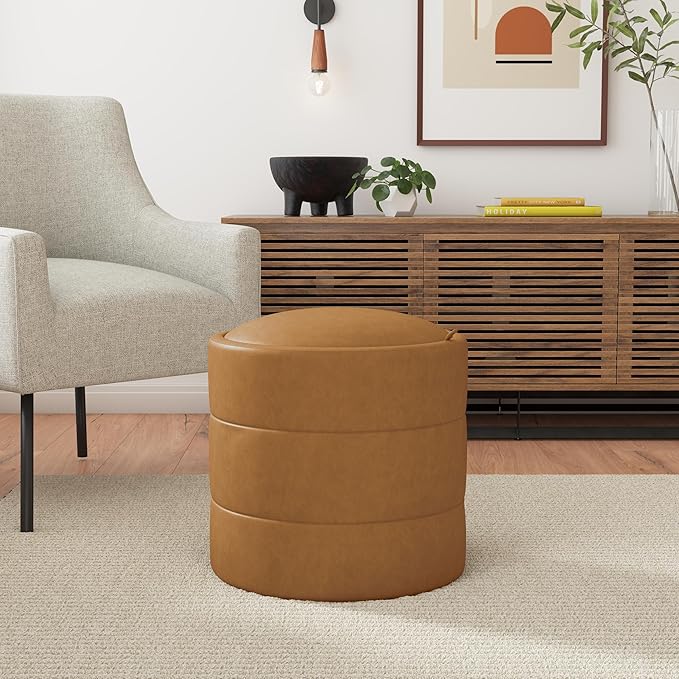 HomePop Storage Round Ottoman with Removable Lid |Homepop Home Décor|Upholstered Round Velvet Foot Rest Ottoman - Carmel Faux Leather