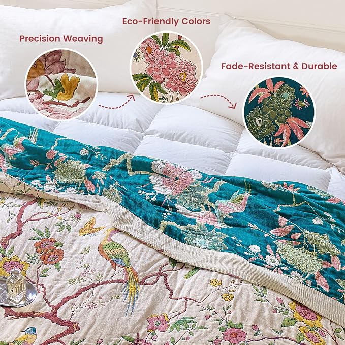 MSGKV The Boho Layer: 50"x60" Cotton Throw Blanket – Lightweight & Reversible Chinoiserie Floral & Bird Pattern, Summer Decorative Accent for Couch Snuggles, Bed Layers & Road Trips