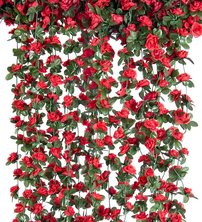 PONKING 6 Pcs x 8.2 ft Flower Garland Artificial Rose Vine Flowers with Green Leaves Hanging Fake Roses Vine for Room Party Home Wedding Birthday Christmas Wall Arch Decor, Spring Red Flower