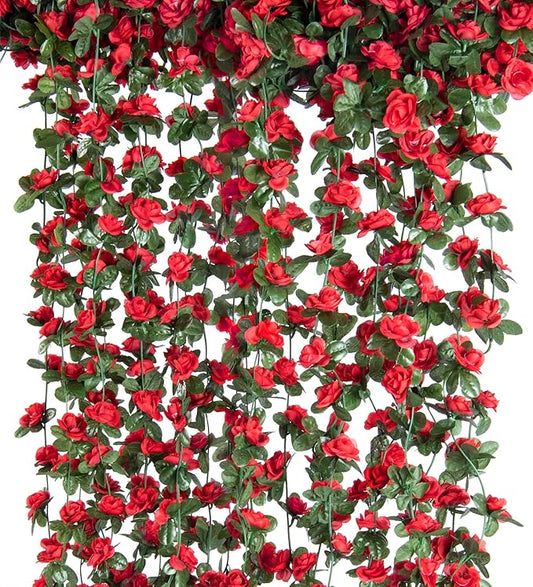 PONKING 6 Pcs x 8.2 ft Flower Garland Artificial Rose Vine Flowers with Green Leaves Hanging Fake Roses Vine for Room Party Home Wedding Birthday Christmas Wall Arch Decor, Spring Red Flower