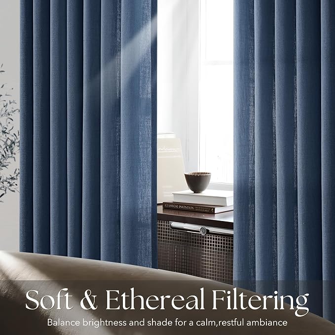Pinch Pleated Navy Blue Linen Curtains 63 inch Length for Living Room 2 Panel Set Light Fitering Semi Sheer Navy Window Curtain Pinch Pleate with Hooks Farmhouse Bedroom Long Drapes 63
