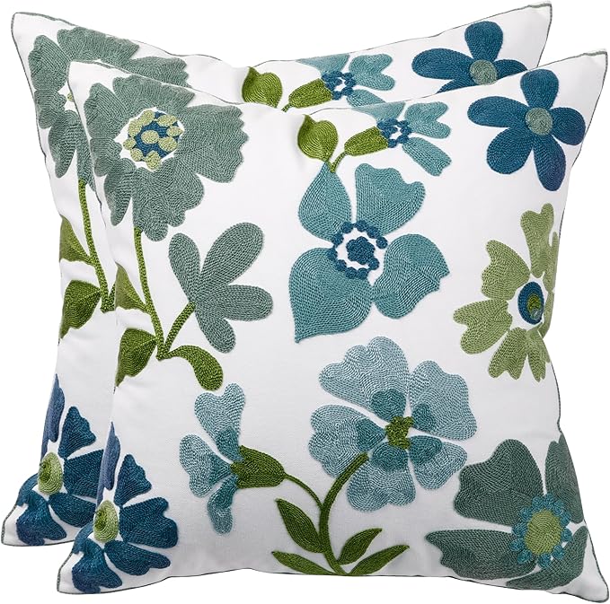Embroidered Throw Pillow Covers 18x18 inch Pack of 2 Blue Blossoms Spring Summer Decorative Pillowcases Farmhouse Coastal Pillow Cushion Cases Home Decor for Sofa Bed Living Room