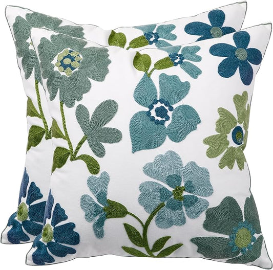 Embroidered Throw Pillow Covers 18x18 inch Pack of 2 Blue Blossoms Spring Summer Decorative Pillowcases Farmhouse Coastal Pillow Cushion Cases Home Decor for Sofa Bed Living Room