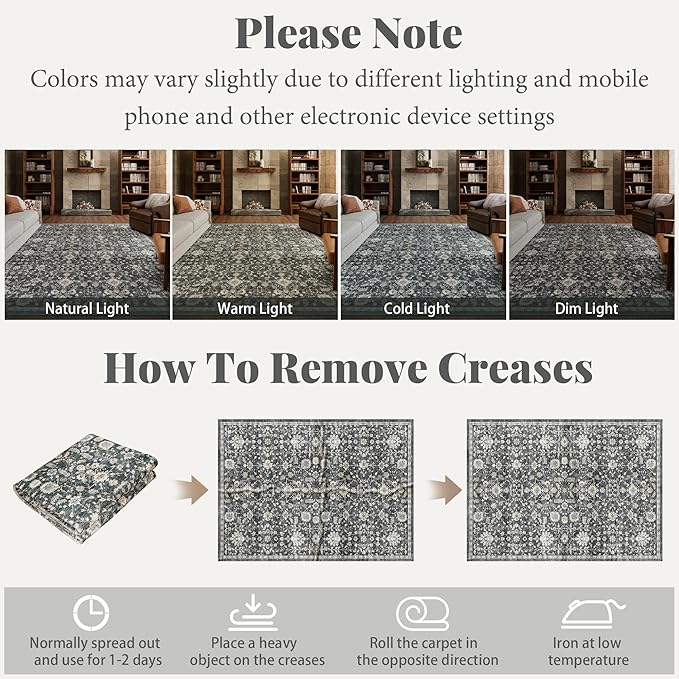 Washable Rugs for Living Room: 5x7 Area Rugs for Bedroom Ultra Soft Non-Slip Stain Resistant Vintage Boho Large Carpet for High-Traffic Dining Room - Farmhouse Decor