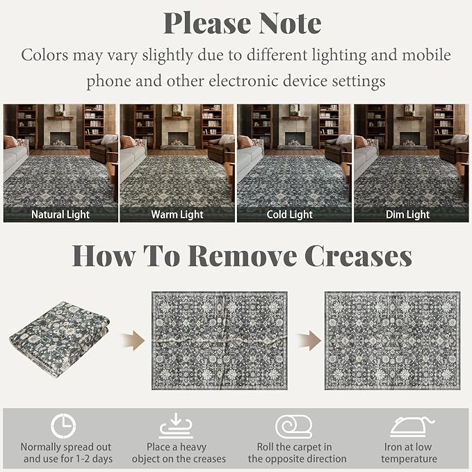 Washable Rugs for Living Room: 9x12 Area Rugs for Bedroom Ultra Soft Non-Slip Stain Resistant Vintage Boho Large Carpet for High-Traffic Dining Room - Farmhouse Decor