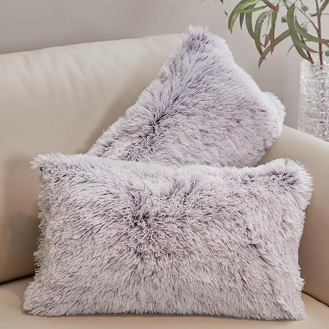 Cheer Collection Throw Pillows for Couch and Bed, Soft Shaggy Throw Pillows with Inserts Included, Cozy Long Hair Faux Fur Pillows - Set of 2-12" x 20" - Purple