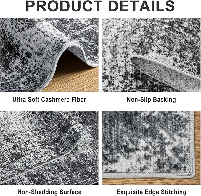 Area Rugs 10x14 Living Room - Washable Rug Modern Abstract Soft Large Neutral Non-Slip Carpet Indoor Floor Thin Carpets for Bedroom Dining Room Farmhouse Nursery Home Office Dark Black