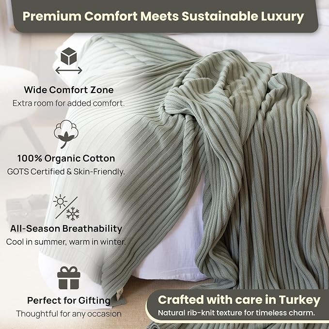 100% Organic Cotton Knit Blanket Denise -Soft and Lightweight, Breathable All-Season Throw for Bed, Sofa, or Lounge Area -GOTS Certified-Perfect for Home and Bedroom Styling (Green, 80x90)